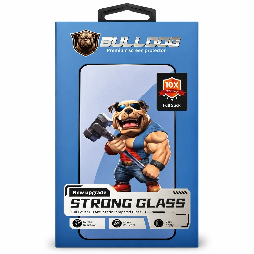 Bulldog skärmskydd framför en iPhone-förpackning