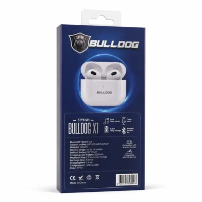 Bulldog hörlurar förpackning baksida Baksida av förpackning för Bulldog trådlösa hörlurar