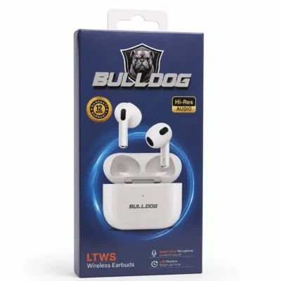 Bulldog TWS-hörlurar förpackning Framsida av förpackning för Bulldog trådlösa hörlurar